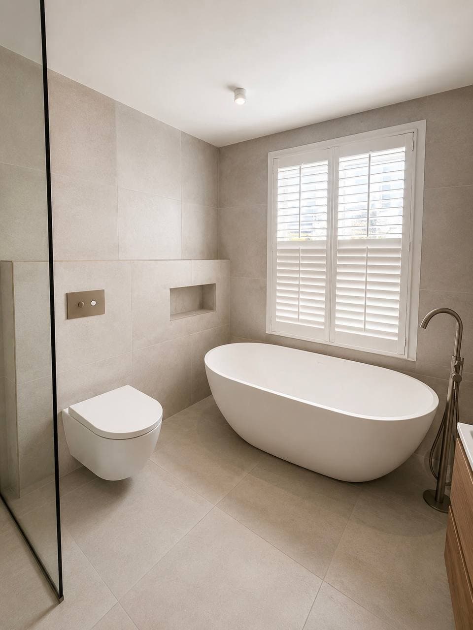 Contemporary bathroom with freestanding bath, wall-mounted toilet and stone-effect tiling